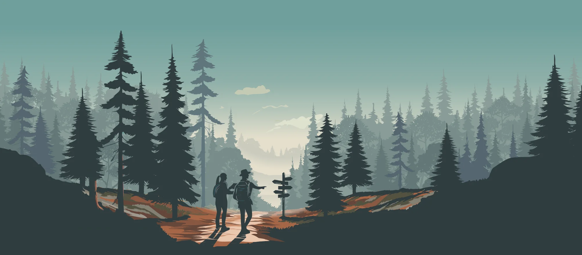Rätselranger – Illustration von zwei Wanderern in der Natur | Outdoor Escape Room | Wanderungen in Thüringen
